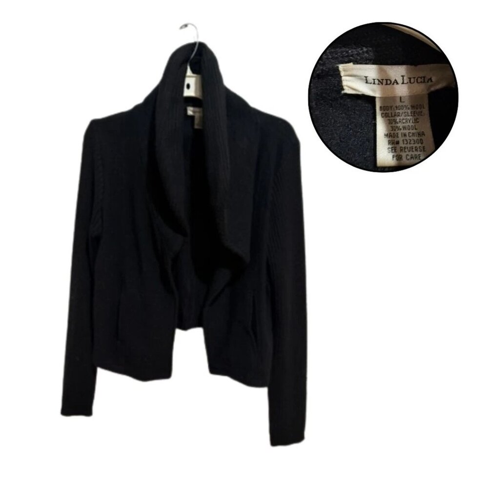 Black Draped Cardigan Minimalist Cozy Layering Sweater Large